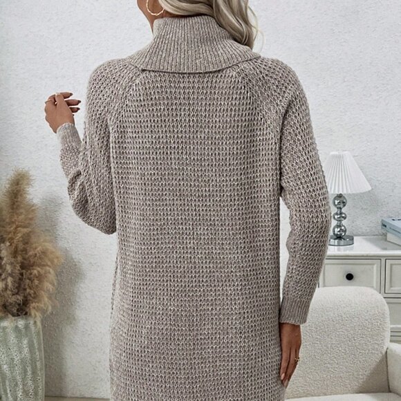 Khaki Casual Women's Solid Color Turtle Neck Raglan Sleeve Sweater Dress - Picture 2 of 5